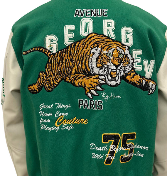 MEN GEORGE V RHINESTONE TIGER GREEN/ WHITE VARSITY JACKET