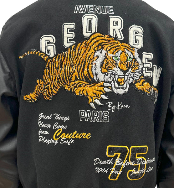 MEN GEORGE V RHINESTONE TIGER BLACK/ BLACK VARSITY JACKET