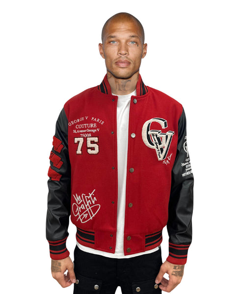 MEN GEORGE V RHINESTONE GV LOGO RED/ BLACK VARSITY JACKET