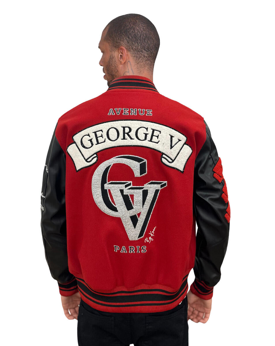 MEN GEORGE V RHINESTONE GV LOGO RED/ BLACK VARSITY JACKET