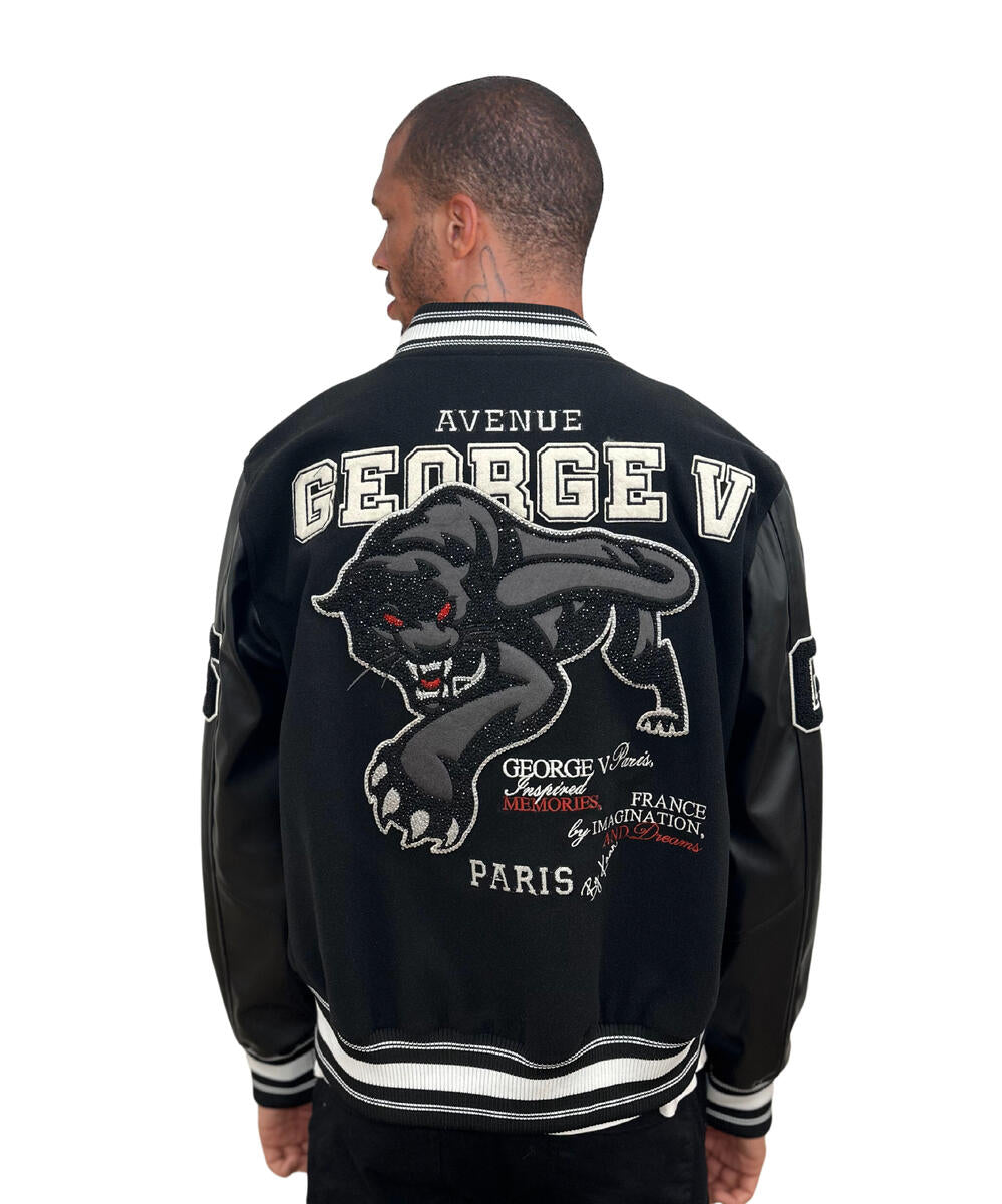 MEN GEORGE V RHINESTONE BLACK CAT BLAK/ BLACK VARSITY JACKET