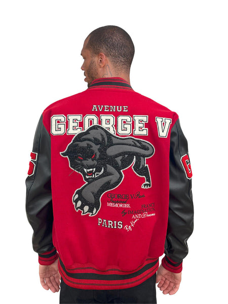 MEN GEORGE V RHINESTONE BLACK CAT RED/ BLACK VARSITY JACKET