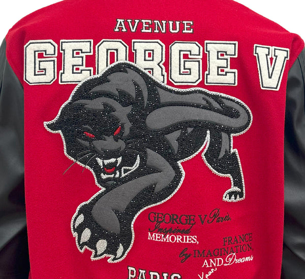 MEN GEORGE V RHINESTONE BLACK CAT RED/ BLACK VARSITY JACKET