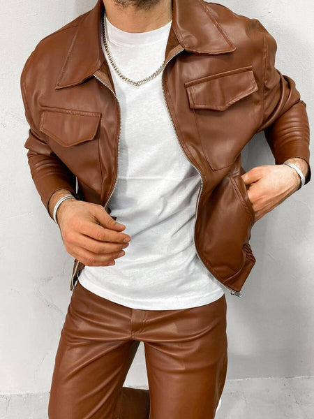 MEN BROWN FAUX LEATHER SET