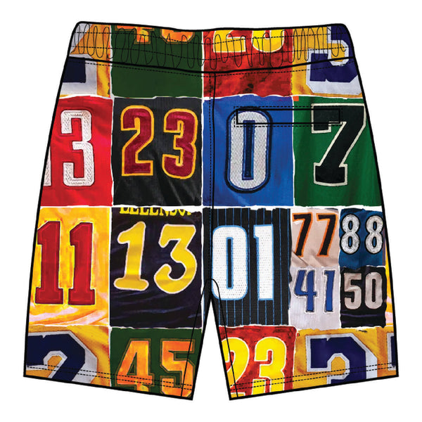 MEN MULTI COLOR NUMERAL COLLAGE BOARD SHORTS