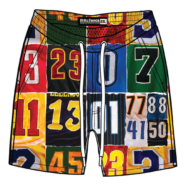 MEN MULTI COLOR NUMERAL COLLAGE BOARD SHORTS