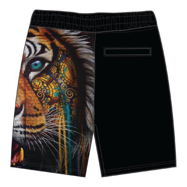 MEN BLACK WILD TIGER BOARD SHORTS