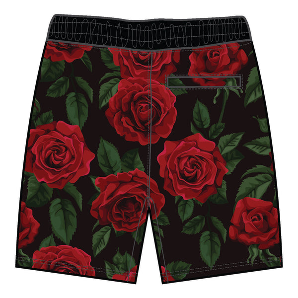 MEN BLACK/ RED ROSE AOP BOARD SHORTS