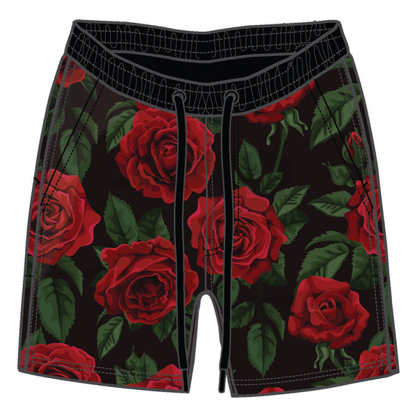 MEN BLACK/ RED ROSE AOP BOARD SHORTS