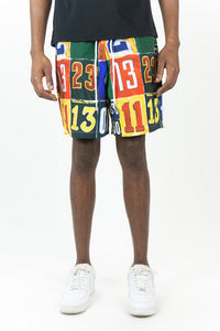 MEN MULTI COLOR NUMERAL COLLAGE BOARD SHORTS