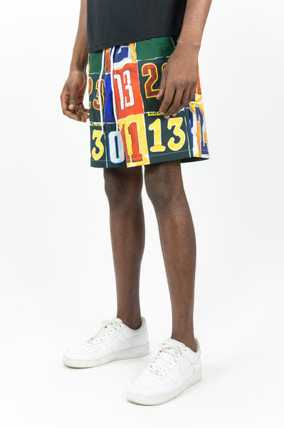 MEN MULTI COLOR NUMERAL COLLAGE BOARD SHORTS