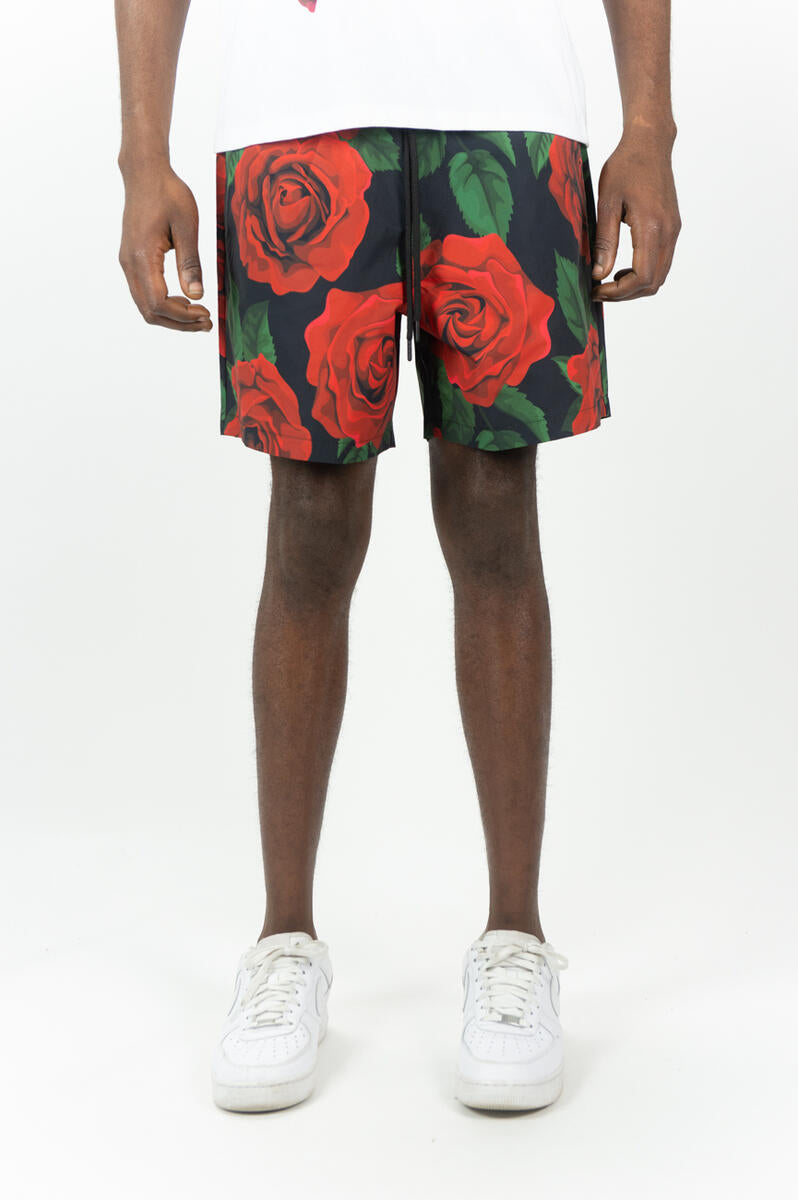 MEN BLACK/ RED ROSE AOP BOARD SHORTS