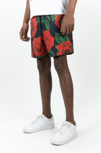 MEN BLACK/ RED ROSE AOP BOARD SHORTS