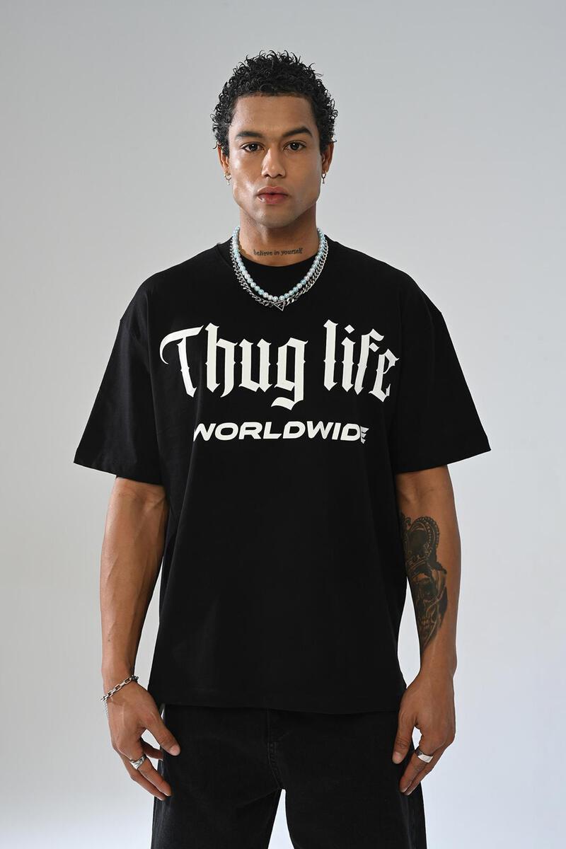 Men Black 2Pac Thug Life World Wide Tshirt