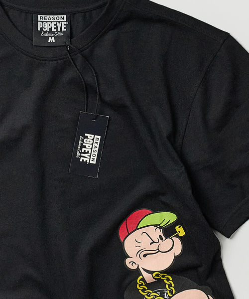 Men Black Reason Brand Popeye Side Print Tee