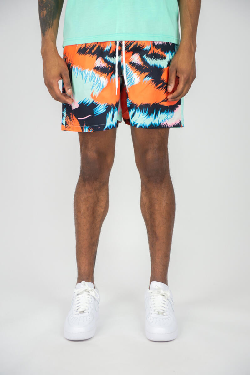 MEN BLACK/ ORANGE TIGER BOARD SHORTS