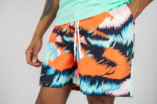 MEN BLACK/ ORANGE TIGER BOARD SHORTS