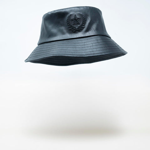 Men Gold Star Black leather bucket hat