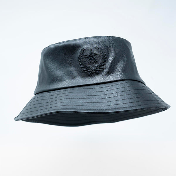 Men Gold Star Black leather bucket hat