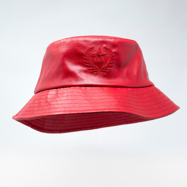 Men Gold Star Red leather bucket hat