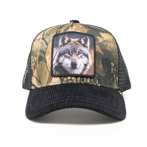 Wolf Camo/ Black trucker hat