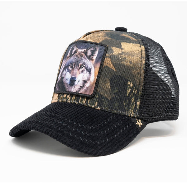 Wolf Camo/ Black trucker hat