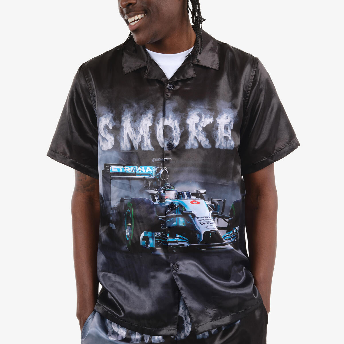 Men Black Smoke Race Car Button Down Shirt