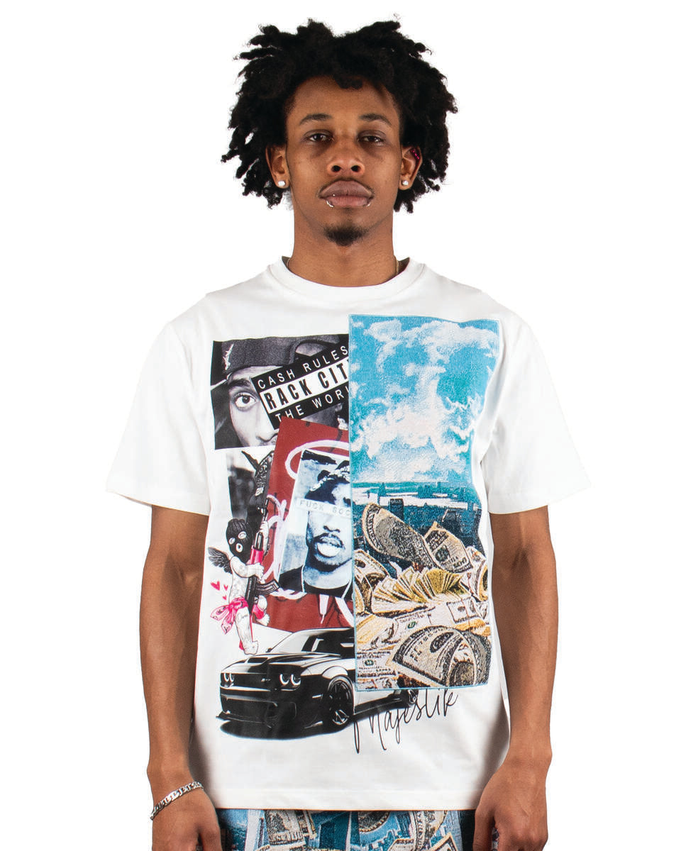 MEN'S MAJESTIK WHITE RACK CITY HEAVY TAPESTRY PATCH TEE