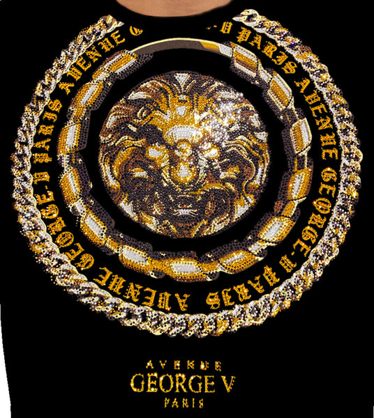 Men Black George V Rhinestone Gold Lion Head