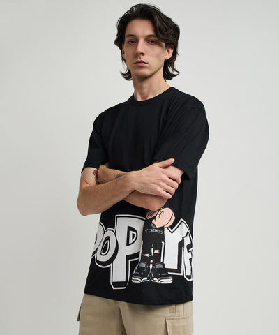 Men Black Reason Brand Popeye Side Print Tee