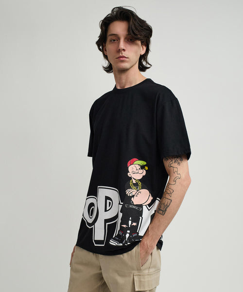 Men Black Reason Brand Popeye Side Print Tee