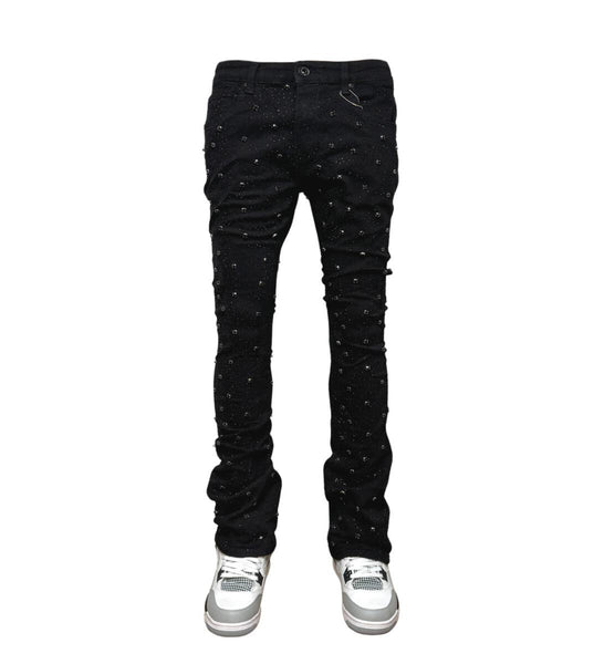 MEN BLACK EMBELLISH RHINESTONE FLARE DENIM