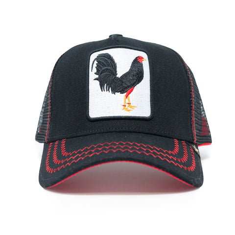 Rooster Black/ Red/ White Leather trucker hat