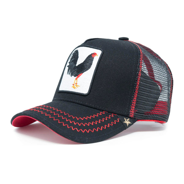 Rooster Black/ Red/ White Leather trucker hat