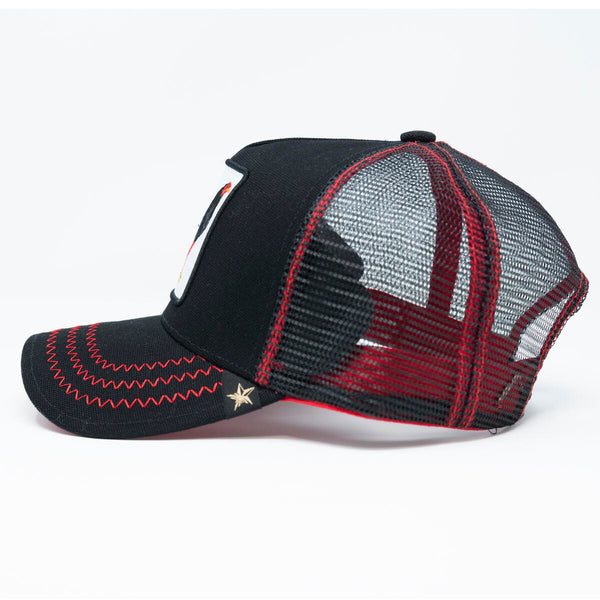 Rooster Black/ Red/ White Leather trucker hat