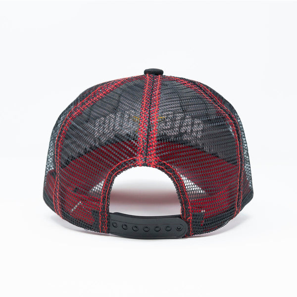 Rooster Black/ Red/ White Leather trucker hat