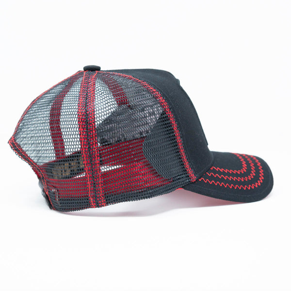 Rooster Black/ Red/ White Leather trucker hat