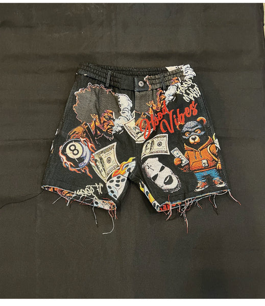 MEN'S MAJESTIK BLACK HOOD VIBES HEAVY TAPESTRY SHORTS