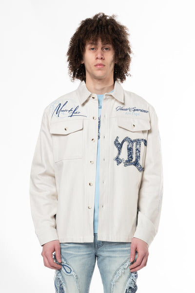 MEN CHALK TAPESTRY PANEL MONOGRAM REGULAR COLLAR LS OVERSHIRT