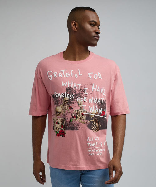 Men Pink Reason Brand Grateful Roses Tee - Oversized