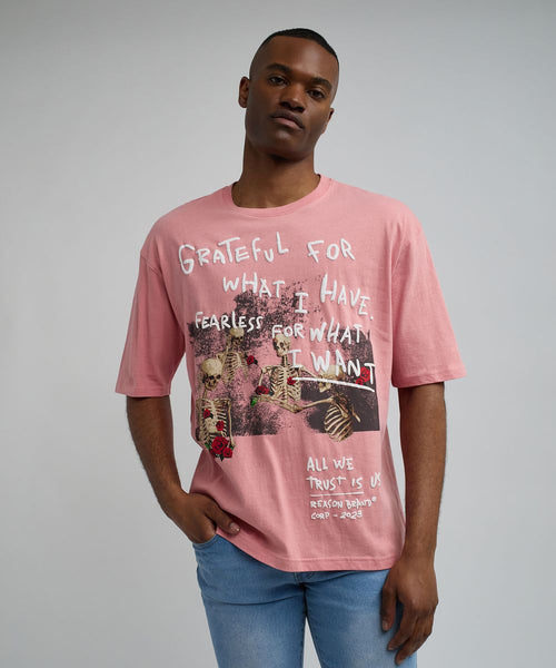 Men Pink Reason Brand Grateful Roses Tee - Oversized