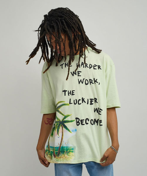 Men Olive Green Reason Brand Luckier We Become Tee - Oversized