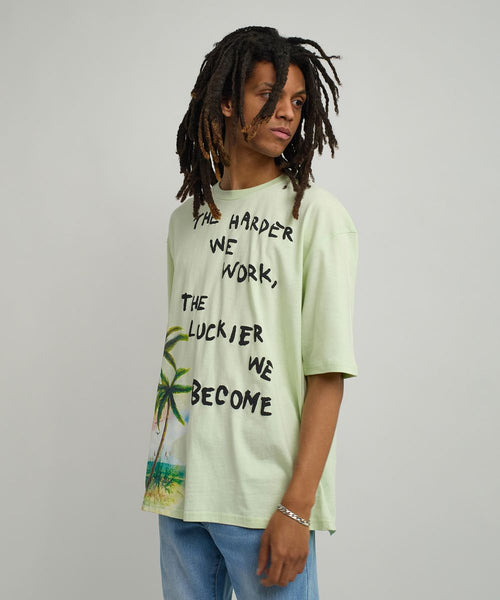 Men Olive Green Reason Brand Luckier We Become Tee - Oversized