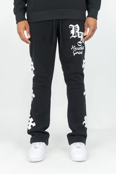 MEN BLACK REBEL CROSS FLEECE STACKED PANTS