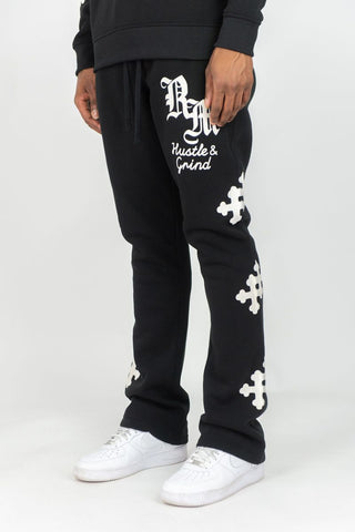 MEN BLACK REBEL CROSS FLEECE STACKED PANTS