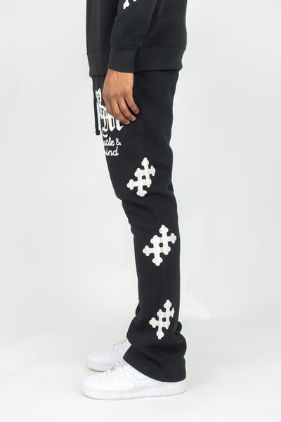 MEN BLACK REBEL CROSS FLEECE STACKED PANTS