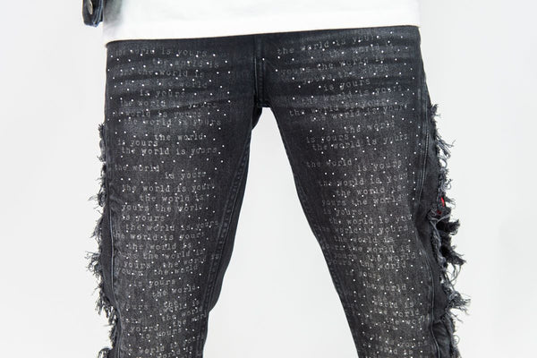 MEN BLACK FRAYED STACKED FLARE JEANS W/ RHINESTONE & LASER PRINT