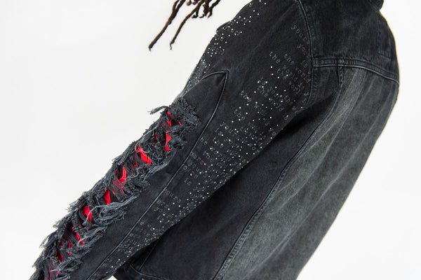 MEN BLACK FRAYED DENIM JACKET W/ RHINESTONE & LASER PRINT