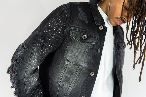 MEN BLACK FRAYED DENIM JACKET W/ RHINESTONE & LASER PRINT