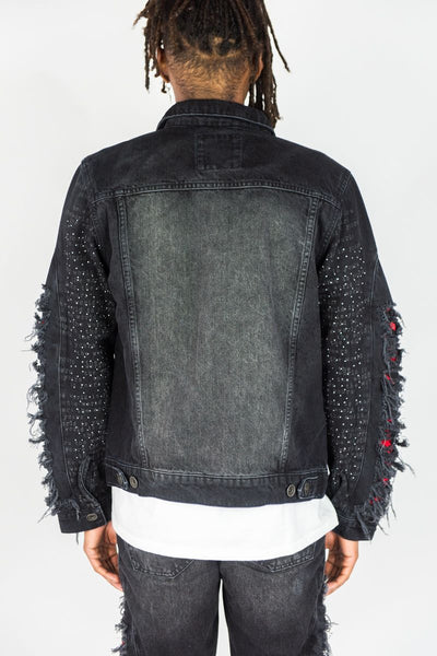 MEN BLACK FRAYED DENIM JACKET W/ RHINESTONE & LASER PRINT